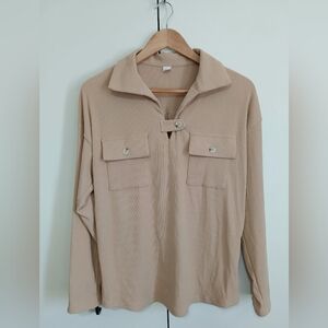 Blocac Beige Short Sleeve Blouse M Minimalist Stretch Knit Neutral